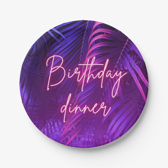 Tropical Purple Palm Leaf Birthday Dinner Pappteller (Vorderseite)