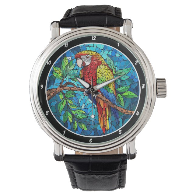 Tropical Radiance" - Stained Glass Macaw Armbanduhr (Vorderseite)