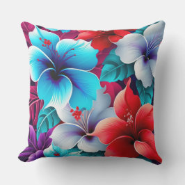 Tropical Red And Blue Hibiscus Flowers Kissen