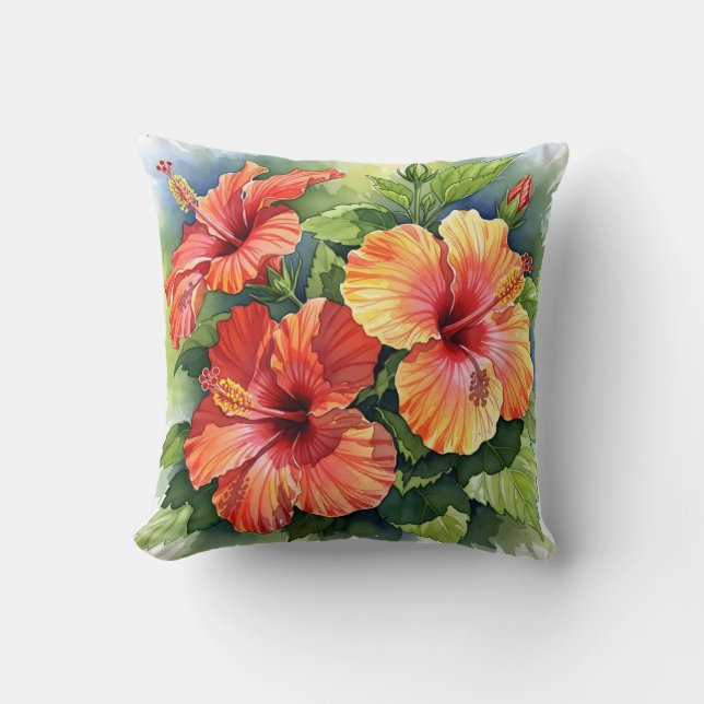 Tropical Red and Yellow Hibiscus Watercolor Floral Kissen (Vorderseite)