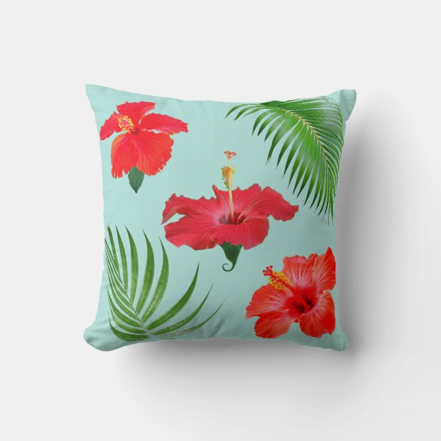 Tropical Red Hibiskus Blume & Palm Blätter Throw Kissen (Vorderseite)