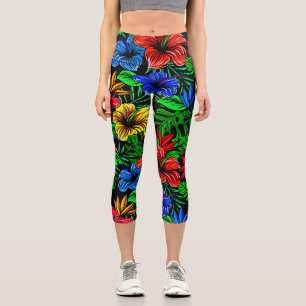 Tropical Red Yellow Blue Hibiskus Blume Capri Leggings