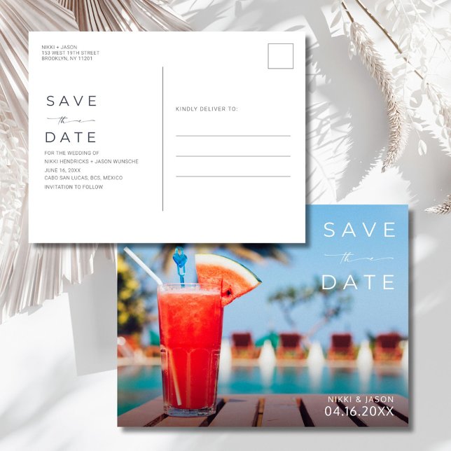 Tropical Resort Destination Wedding Save the Date Ankündigungspostkarte (Tropical Resort Destination Wedding Save the Date Announcement Postcard)