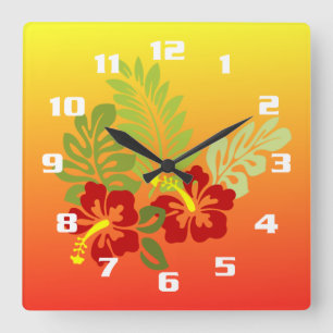Tropical Retreat inspired Design Hibiscus & Sunset Quadratische Wanduhr