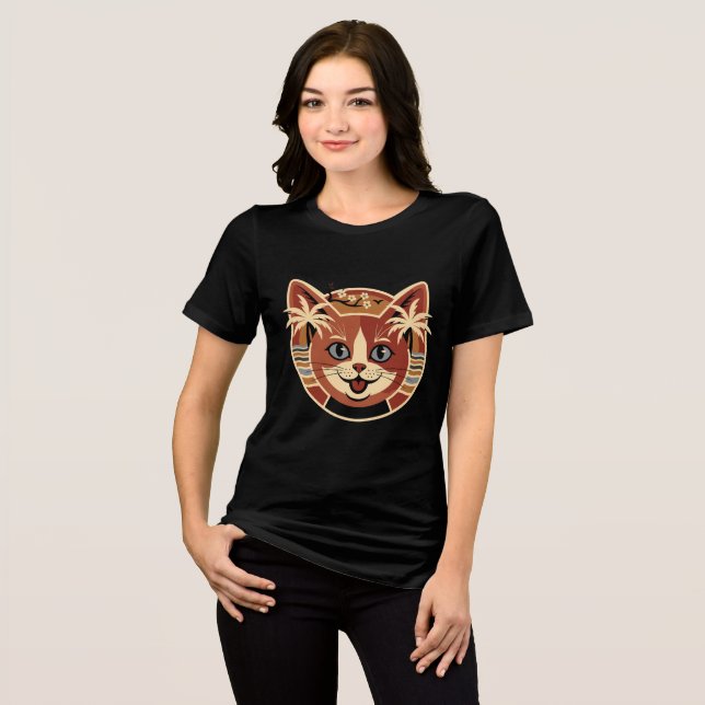 Tropical Retro Cat Design Tri-Blend Shirt (Vorderseite voll)