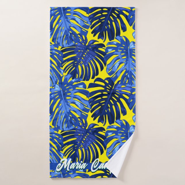 Tropical Royal Blue Yellow Monstera Blätter Name Badhandtuch Set (Badehandtuch)