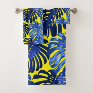 Tropical Royal Blue Yellow Monstera Dschungel Blät Badhandtuch Set