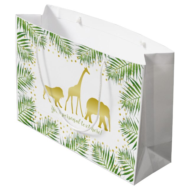 Tropical Safari Animals Gold Green Party Große Geschenktüte (Rückseite Schrägansicht)