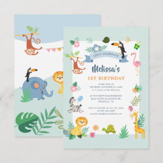 Tropical Safari Jungle Animals 1. Geburtstag Party Einladung