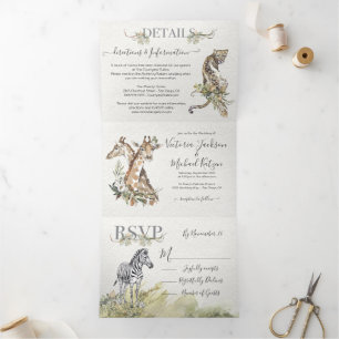 Tropical Safari Jungle Wedding Tri-Fold Einladung