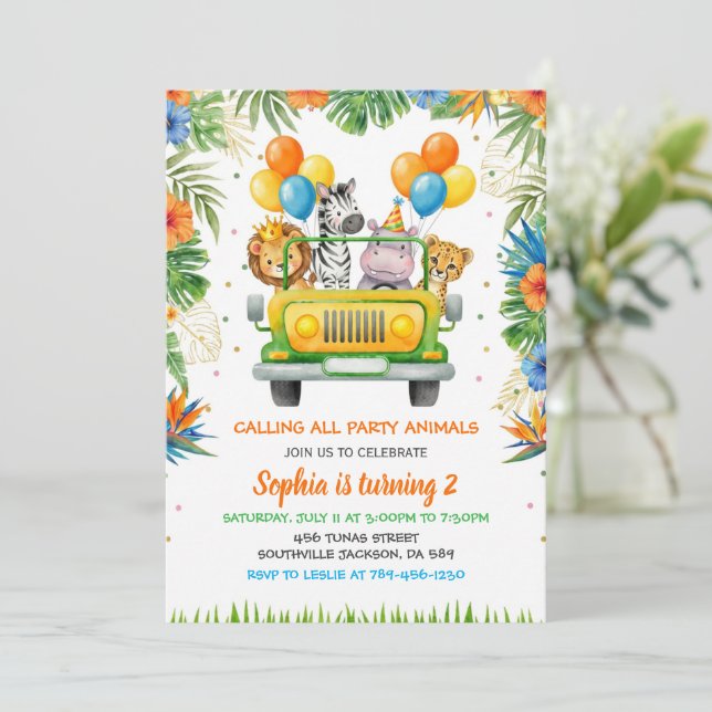 Tropical Safari Wild One Jungle Animals Birthday Einladung (Stehend Vorderseite)