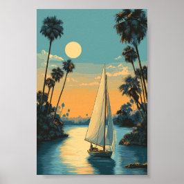 Tropical Sailboat Sunset - Palm Tree Lagoon Art Poster