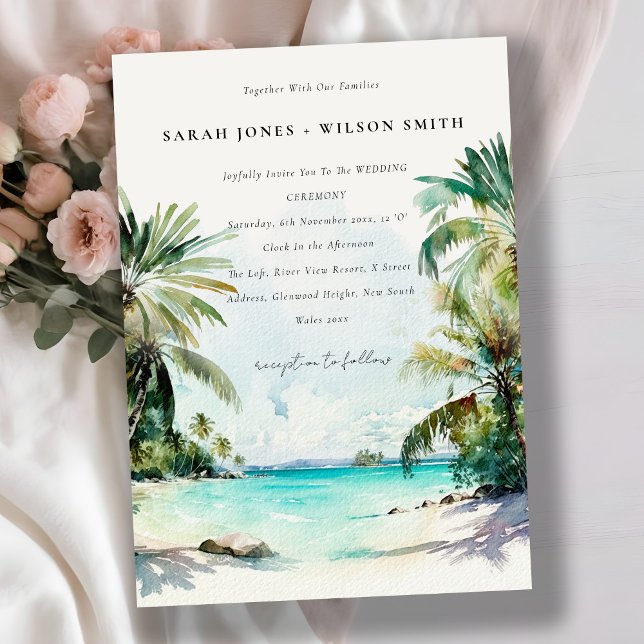 Tropical Sand Beach Palmen Hochzeit + Details Einladung (Von Creator hochgeladen)