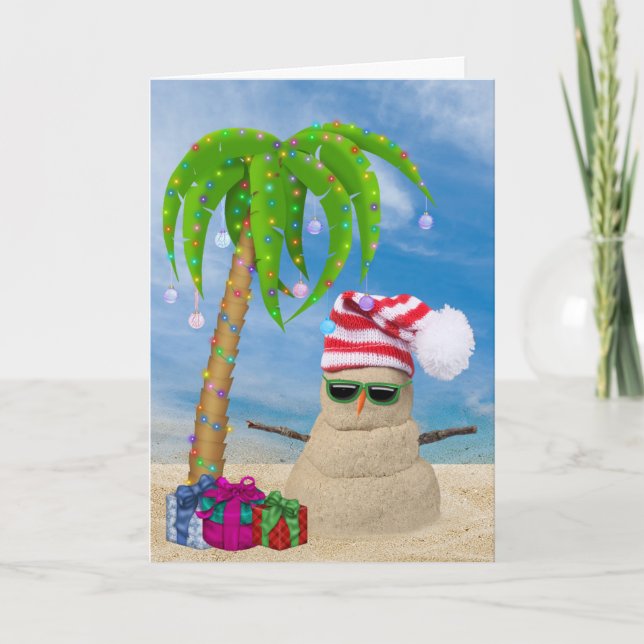 Tropical Sand Snowman with Christmas palm Karte (Vorderseite)