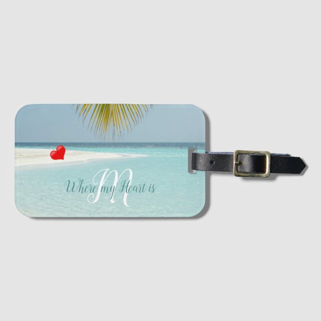 Tropical Sandy Beach Aqua Monogram Heart Palm Gepäckanhänger (Vorderseite (Horizontal))