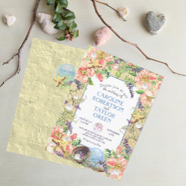 Tropical Sandy Beach Rose Seashell Pearl Wedding Einladung