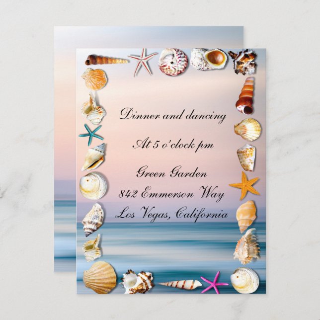 Tropical Sandy Beach & Seashells Hochzeitsempfang Einladung (Vorne/Hinten)