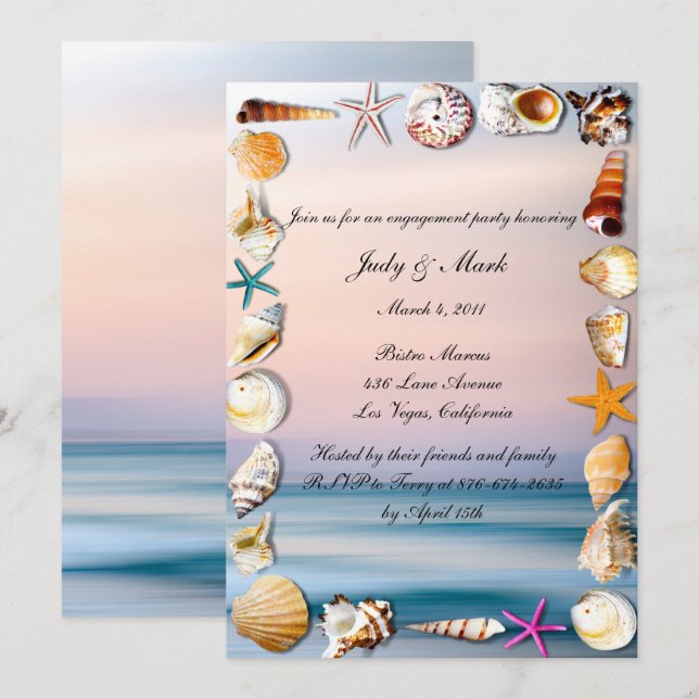 Tropical Sandy Beach und Seashell Engagement Party Einladung (Vorne/Hinten)