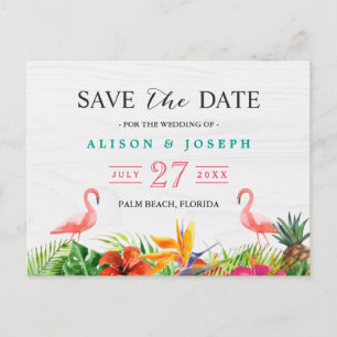 Tropical Save the Date   Hibiskus Floral Flamingo Ankündigungspostkarte