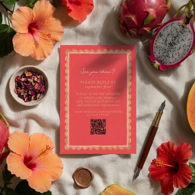 Tropical Scallop Border Pink QR Wedding RSVP Karte (Invite guests to your destination wedding day with this Tropical Scallop Border Pink QR RSVP!)