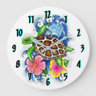 Tropical Sea Turtle and Hibiscus Flowers Große Wanduhr