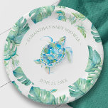 Tropical Sea Turtle Baby Dusche Personalisiert Pappteller<br><div class="desc">Diese niedlichen personalisierten Teller sind ideal für eine tropische Babydusche oder ein Aloha-Party. Die Aquarell-Meeresschildkröten in Blau- und Grüntönen, umgeben von einer Monstera-Palmen-Blätter-Grenze, bringen einen Strand unter dem Meer zum Feiern. Passen Sie mit dem Namen und dem Duschdatum der Mama-to-be für eine besondere Touch an. Eine geschlechtsneutrale Entscheidung für jedes...</div>