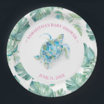Tropical Sea Turtle Baby Shower Paper Plate Pappteller<br><div class="desc">Sweet personalized plates for your tropical sea turtle themed backyard baby shower. This design features a monstera palm leaves border with a watercolor sea turtle. Personalize with the mama-to-be's name and shower date in pink. To see the matching beach theme aloha party decor visit www.zazzle.com/dotellabelle Unique watercolor art and design...</div>