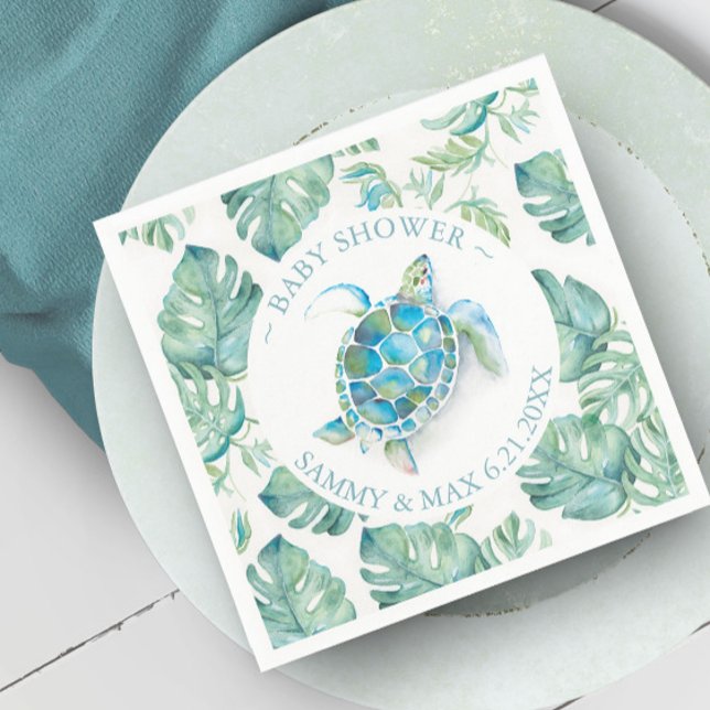 Tropical Sea Turtle Watercolor Kinderdusche Serviette (Baby shower sea turtle napkins with tropical monstera palm leaves watercolor Victoria Grigaliunas)