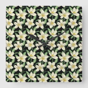 Tropical seamless pattern white flowers green leaf quadratische wanduhr