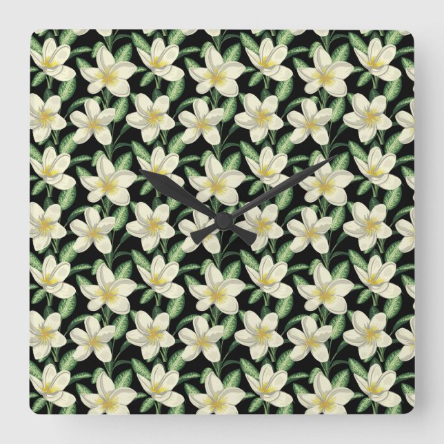 Tropical seamless pattern white flowers green leaf quadratische wanduhr (Vorderseite)