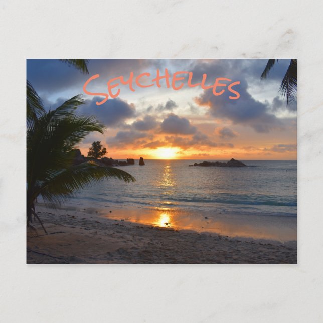 Tropical Seychelles Island Palm Tree Beach Sunset Postkarte (Vorderseite)