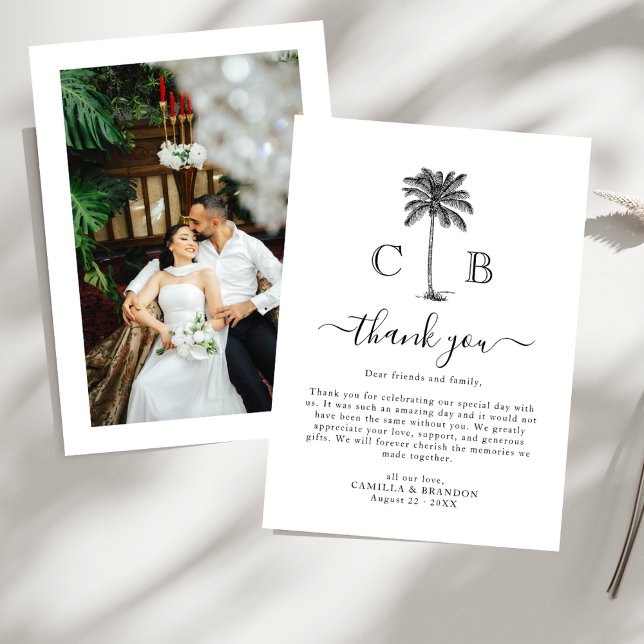 Tropical Simple Palm Initials Photo Wedding  Dankeskarte (Von Creator hochgeladen)