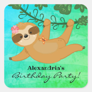 Tropical Sloth Girly Birthday Party Quadratischer Aufkleber
