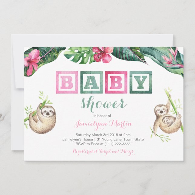 Tropical Sloth Lush Foliage Baby Dusche Party Einladung (Vorderseite)
