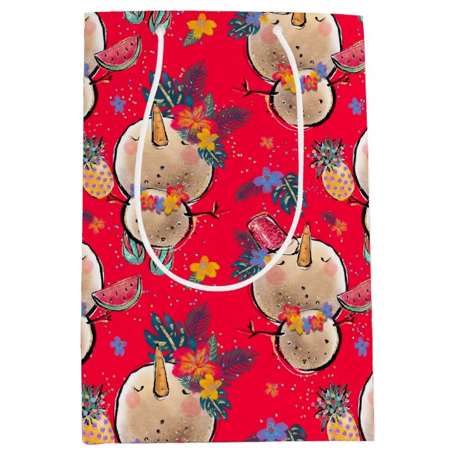 Tropical Snowman Red Christmas Bag Mittlere Geschenktüte
