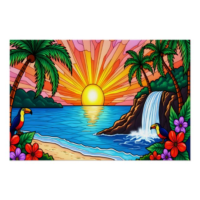 Tropical Stained Glass Sunset Poster (Vorderseite)