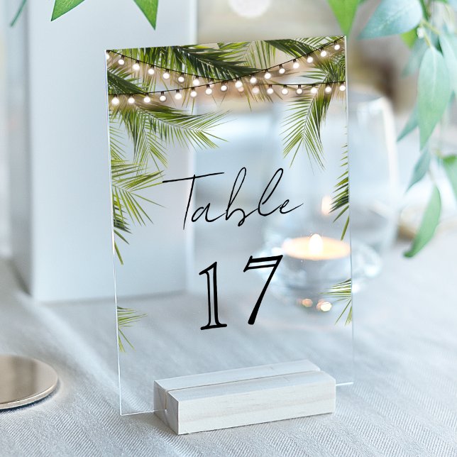 Tropical String Light Wedding Acrylic Table Number Acryleinladungen (Von Creator hochgeladen)