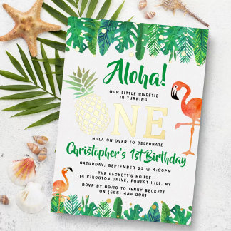 Tropical Summer Beach Luau Boys 1. Geburtstag Real Folieneinladung