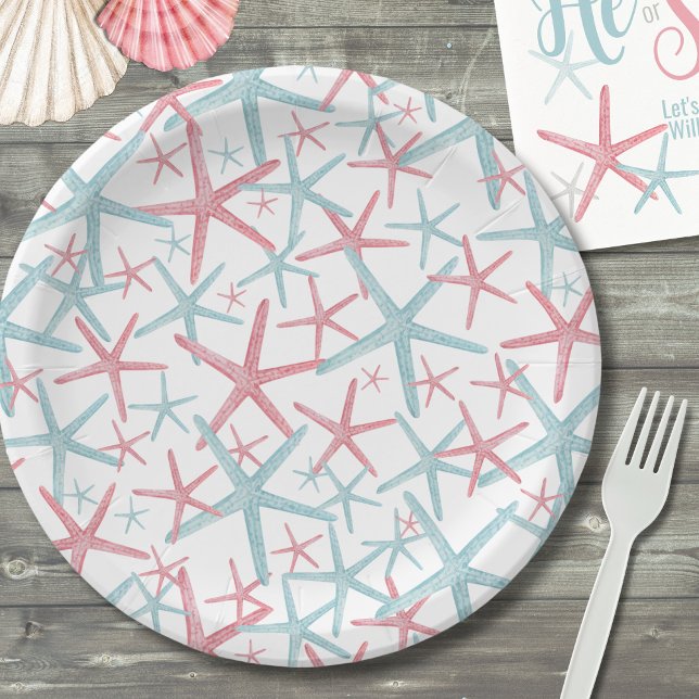 Tropical Summer Beach Party Pappteller (Teal Pink Coastal Tropical Starfish Summer Beach Paper Plates)