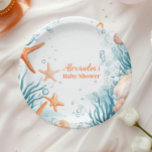 Tropical Summer Beach Starfish Babydusche Pappteller<br><div class="desc">Set segelt mit unserem Whale Under the Sea Paper Tellern in ein wahres Ozeanabenteuer. Mit einer ruhigen Aquarellillustrierung eines spielerischen Wals, der durch sanfte Meereswellen schwimmt, umgeben von sanften Meereslebewesen wie Seestern, Seepferden und Korallen, bringen diese Teller eine Touch nautischer Eleganz in Ihre Babydusche. Diese Teller sind perfekt für Kuchen,...</div>