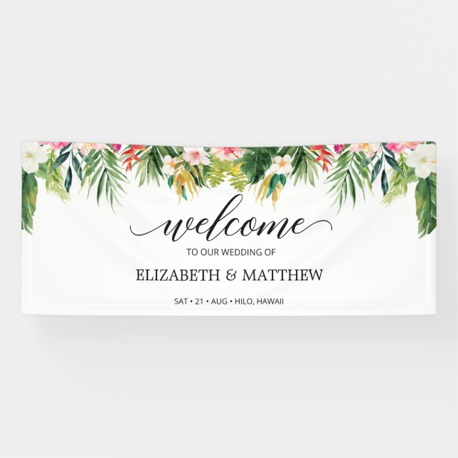 Tropical Summer Blätter Script Wedding Willkommen Banner (Horizontal)