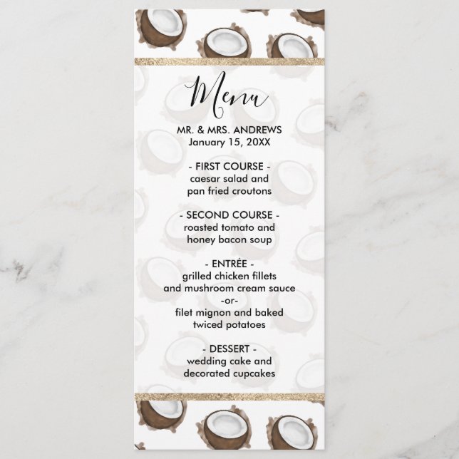 Tropical Summer Brown White Coconut Frucht Muster Menükarte (Vorderseite)