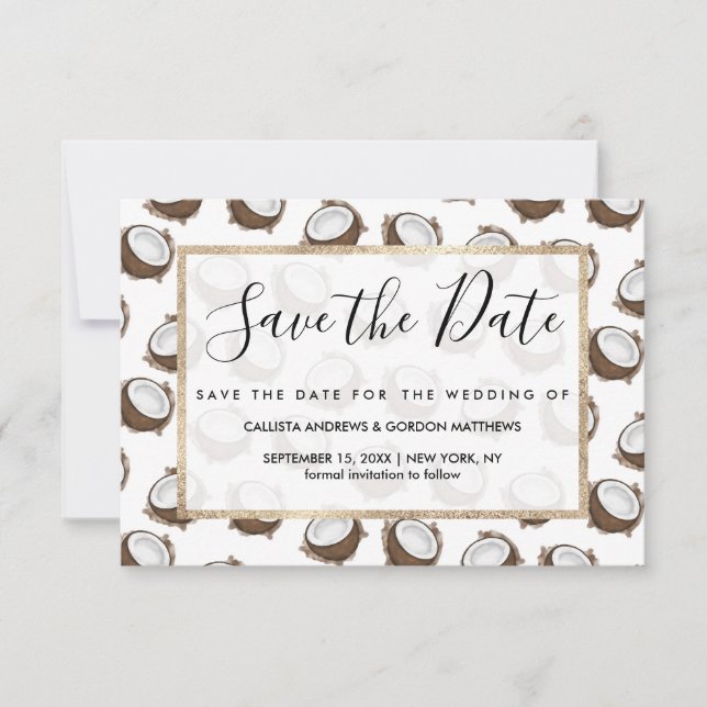 Tropical Summer Brown White Coconut Frucht Muster Save The Date (Vorderseite)