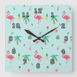 Tropical Summer Flamingo Blue Bedroom Collection Quadratische Wanduhr