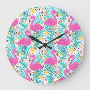 Tropical Summer Flamingo: Helle Muster Elemente Große Wanduhr