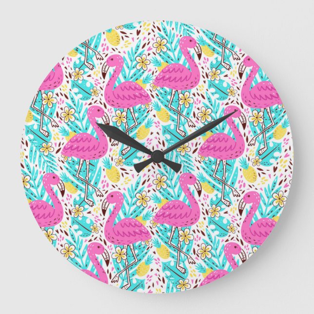 Tropical Summer Flamingo: Helle Muster Elemente Große Wanduhr (Vorderseite)
