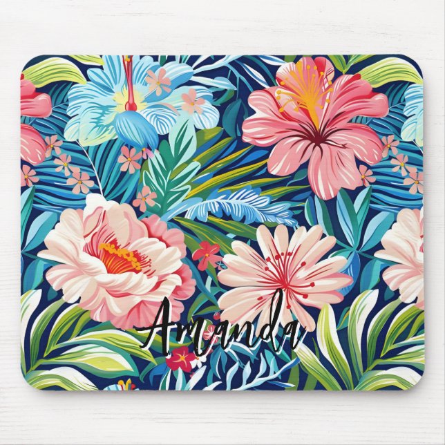Tropical Summer Flowers Pattern Pretty Floral Mousepad (Vorne)