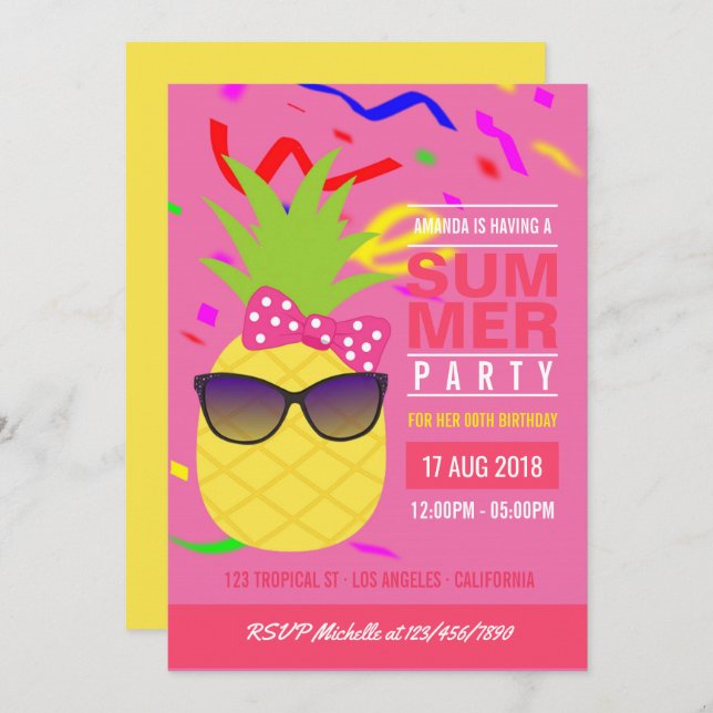Tropical Summer Girl Birthday Party Einladung (Vorne/Hinten)
