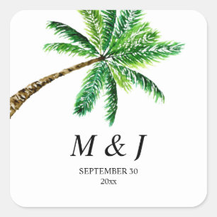 Tropical Summer Palm Tree Monogram Quadratischer Aufkleber