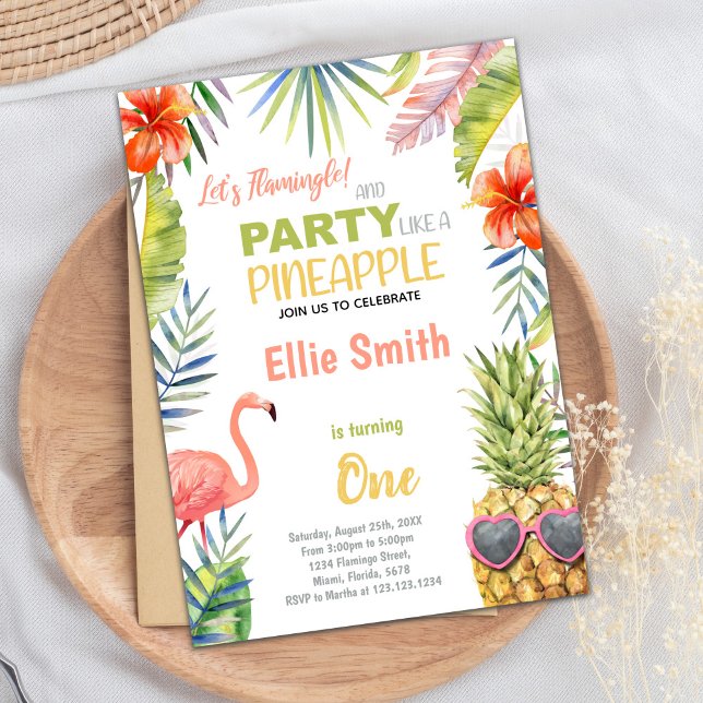 Tropical Summer Party Card für Mädchen Einladung (Red Flamingo & Pineapple Birthday Invitations)